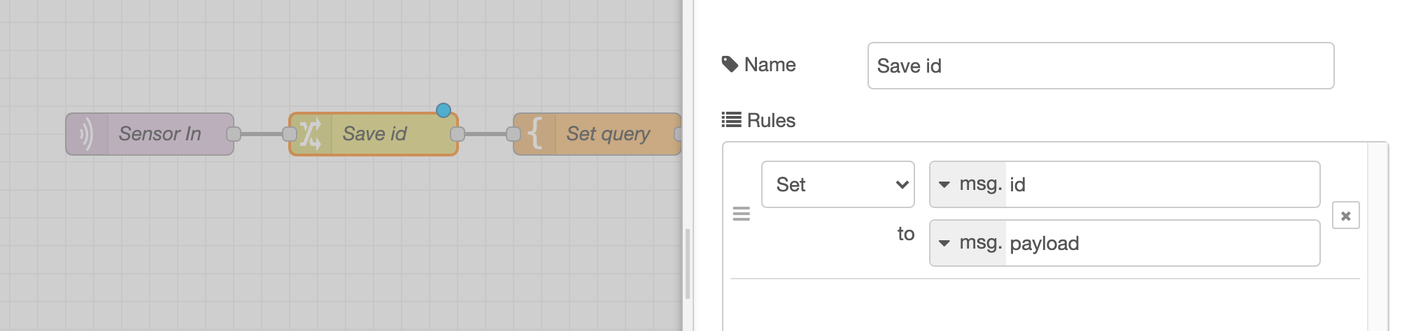 Using a Change node to copy the payload to msg.id