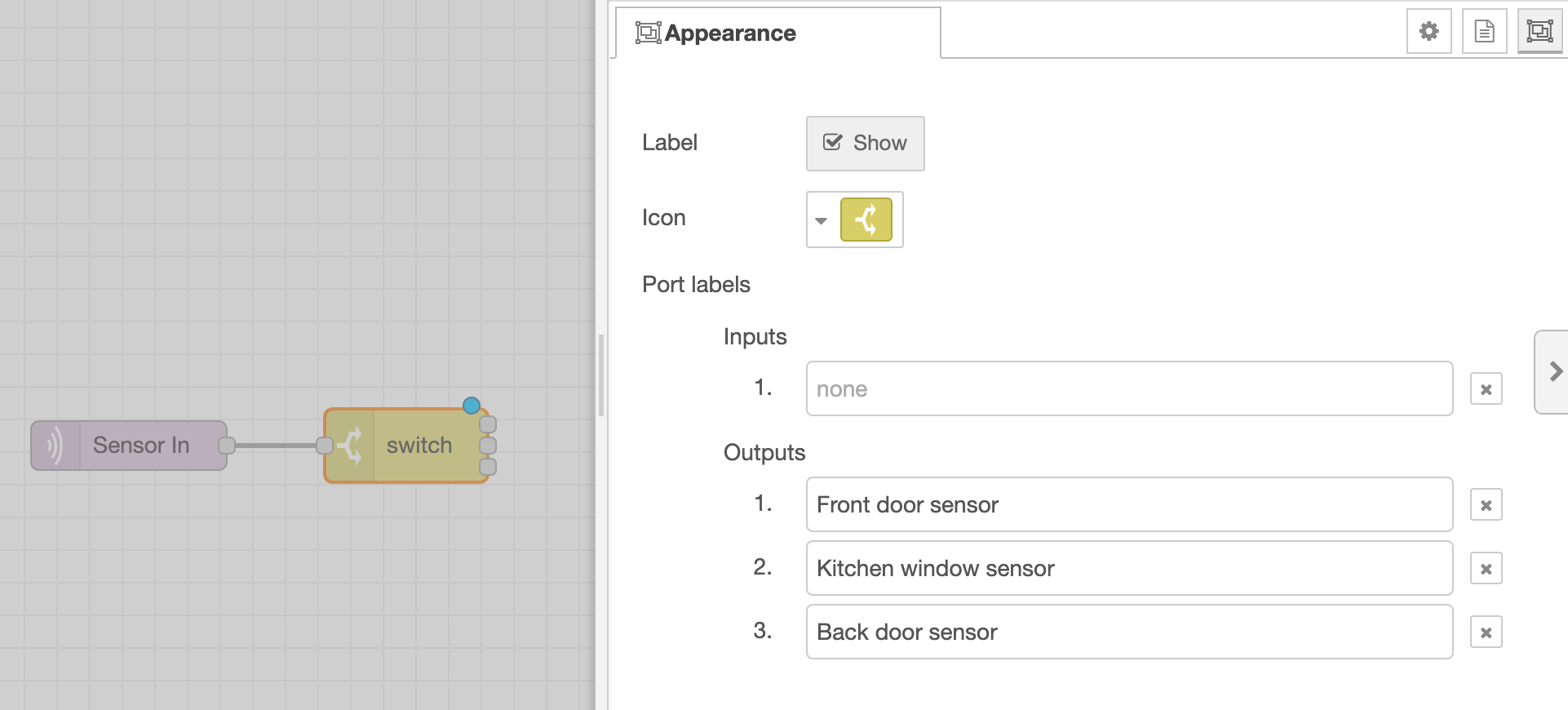 Custom output labels on the Switch node's Appearance tab